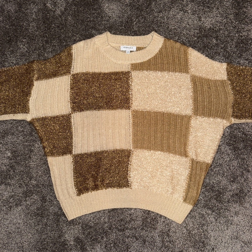 Gilli Patchwork Knit Sweater in Tan and Cream